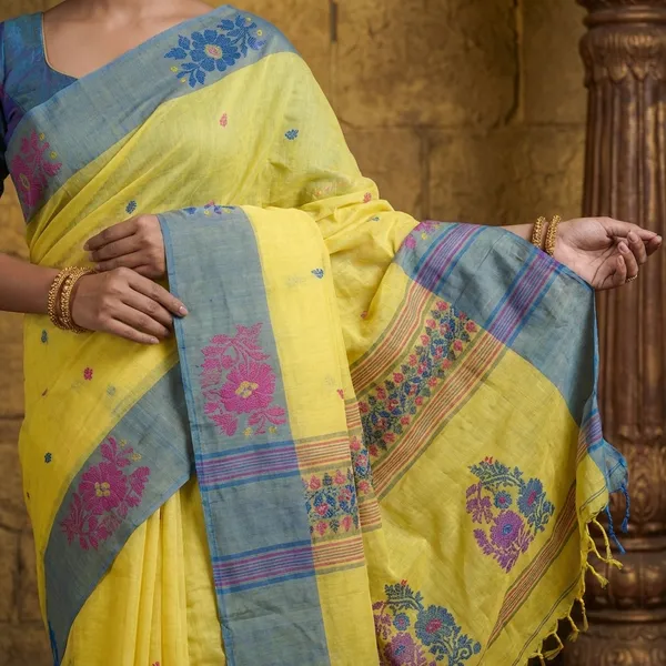 Woven_Jamdani_Nakshi_Work_Border_Premium_Quality_Bengal_Handloom_Cotton_Saree_In_Yellow_Blue_Magenta_And_Multicolor