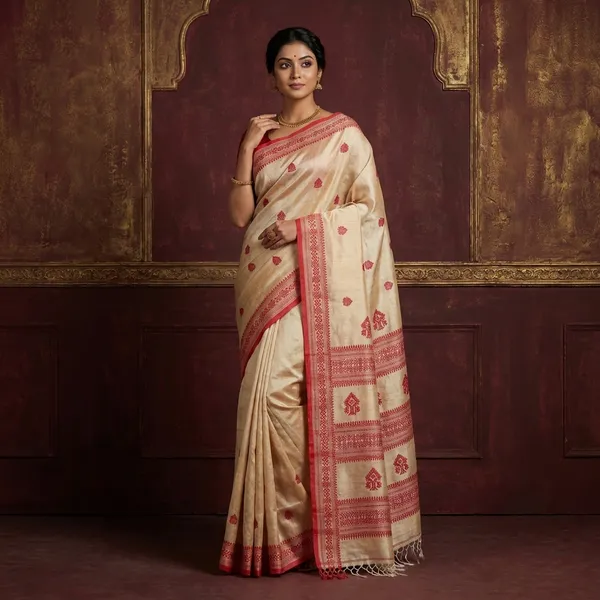 Premium_Quality_Assamese_Nakshi_Motif_Inspired_Hand_Woven_Work_On_Tussar_Silk_Saree_In_Beige_And_Red