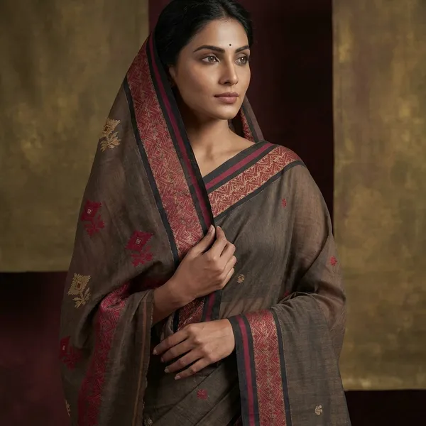 Woven_Matta_Thread_Nakshi_Border_Premium_Quality_Bengal_Handloom_Cotton_Saree_In_Hemp_Brown_Red_Navy_Blue_And_Beige
