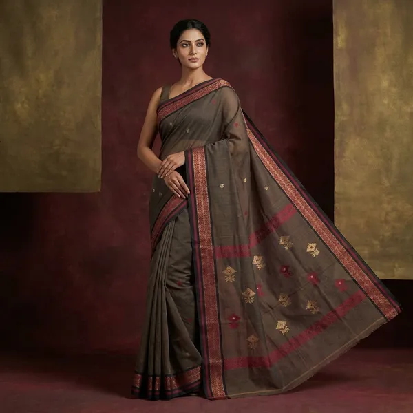 Woven_Matta_Thread_Nakshi_Border_Premium_Quality_Bengal_Handloom_Cotton_Saree_In_Hemp_Brown_Red_Navy_Blue_And_Beige