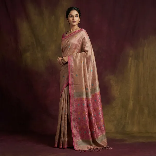 Premium_Quality_Tussar_Silk_Nakshi_Work_Saree_In_Brandy_Rose_Deep_Matt_Pink_Mustard_And_Cerulean_Blue