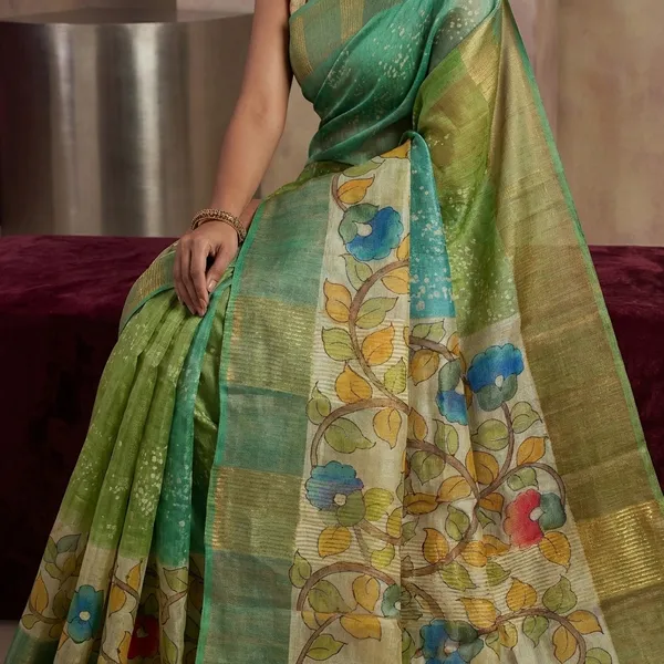 Shibori_Kalamkari_Soft_Tussar_Silk_Saree_With_Matte_Finish_Zari_Border_And_In_Keppel_Green_Amazon_Green_And_Olive_Green