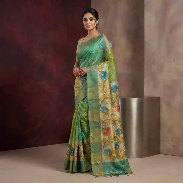 Shibori_Kalamkari_Soft_Tussar_Silk_Saree_With_Matte_Finish_Zari_Border_And_In_Keppel_Green_Amazon_Green_And_Olive_Green