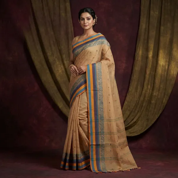 Bengal_Tangail_Hazar_Butti_Jacket_Matta_Thread_Nakshi_Border_Cotton_Saree_In_Tumbleweed_Java_Blue_Navy_Blue_And_Mustard_Golden