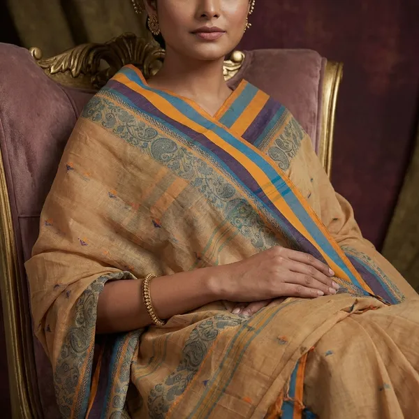 Bengal_Tangail_Hazar_Butti_Jacket_Matta_Thread_Nakshi_Border_Cotton_Saree_In_Tumbleweed_Java_Blue_Navy_Blue_And_Mustard_Golden