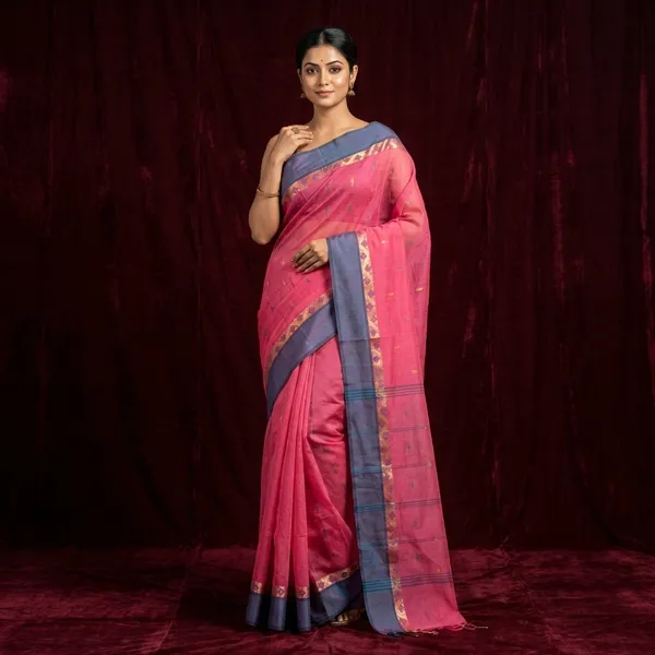 Bengal_Tangail_Hazar_Butti_Jacket_Matta_Thread_Nakshi_Border_Cotton_Saree_In_Brilliant_Rose_Beige_And_Tory_Blue
