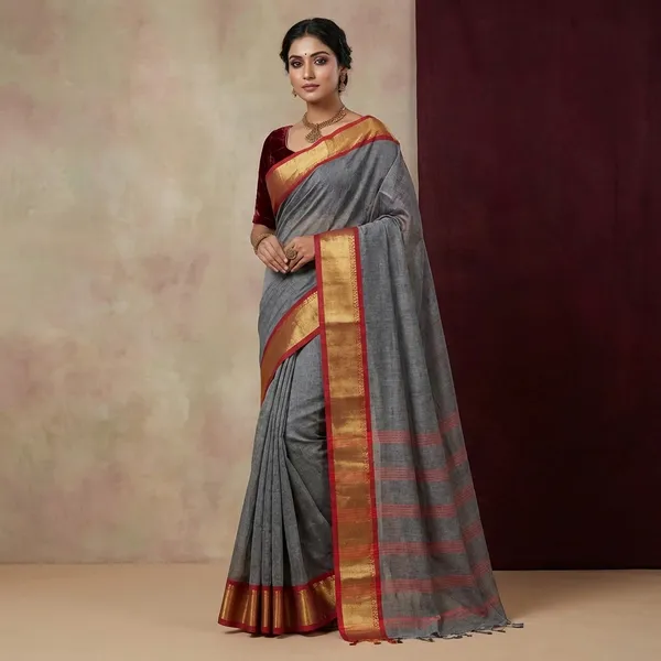 Bengal_Tangail_Hazar_Butti_Jacket_Zari_Nakshi_Golden_Border_Cotton_Saree_In_Dark_Grey_And_Red