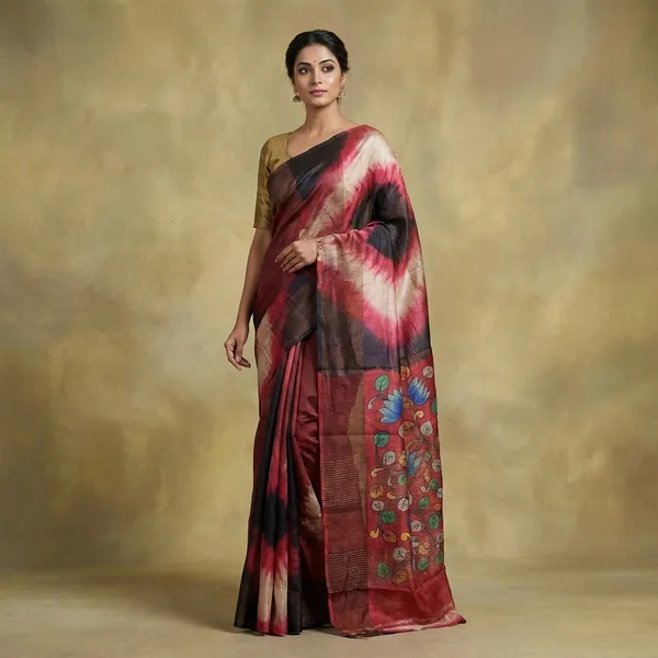 Tie_And_Dye_Shibori_Kalamkari_Soft_Tussar_Silk_Saree_With_Matte_Finish_Zari_Border_In_Midnight_Blue_Red_And_Multicolor