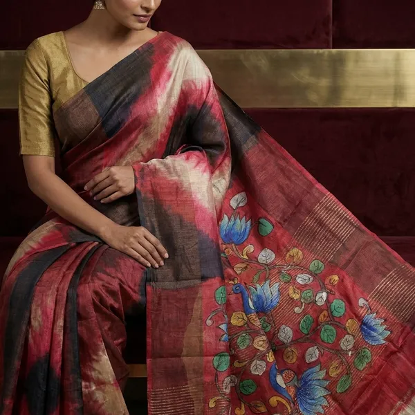 Tie_And_Dye_Shibori_Kalamkari_Soft_Tussar_Silk_Saree_With_Matte_Finish_Zari_Border_In_Midnight_Blue_Red_And_Multicolor