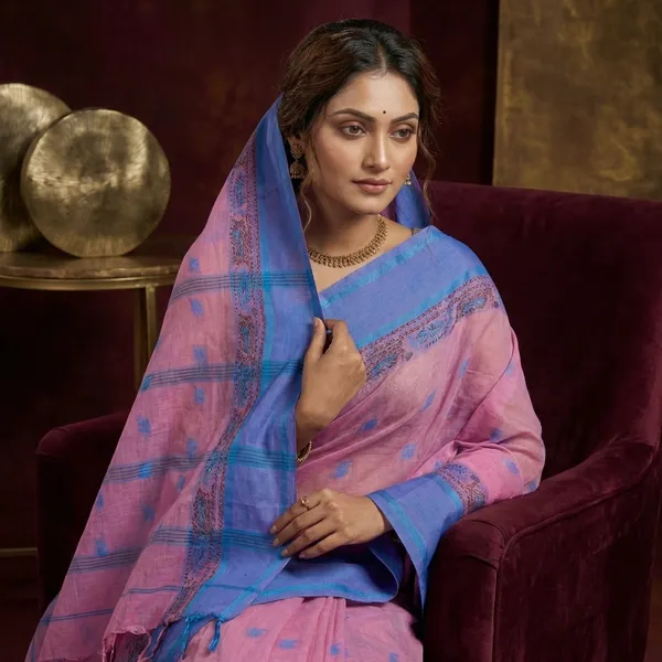 Bengal_Tangail_Hazar_Butti_Jacket_Matta_Thread_Nakshi_Border_Cotton_Saree_In_Persian_Pink_And_Cornflower_Blue