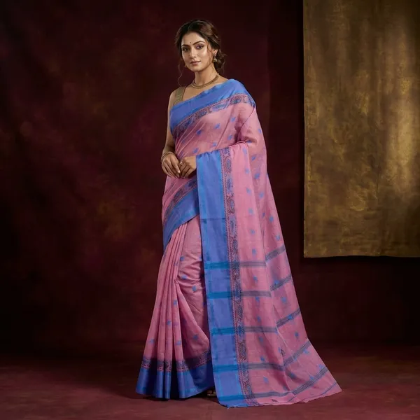 Bengal_Tangail_Hazar_Butti_Jacket_Matta_Thread_Nakshi_Border_Cotton_Saree_In_Persian_Pink_And_Cornflower_Blue
