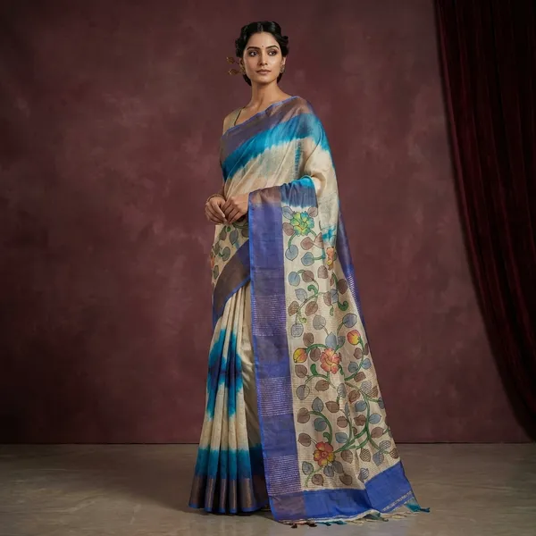 Tie_And_Dye_Shibori_Kalamkari_Soft_Tussar_Silk_Saree_With_Matte_Finish_Zari_Border_In_Ink_Blue_Azure_Blue_And_Multicolor