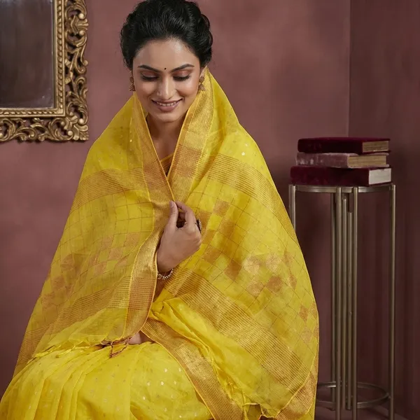 Designer_Sitara_Work_Skirt_Border_Muslin_Silk_Saree_In_Yellow_Silver_And_Copper