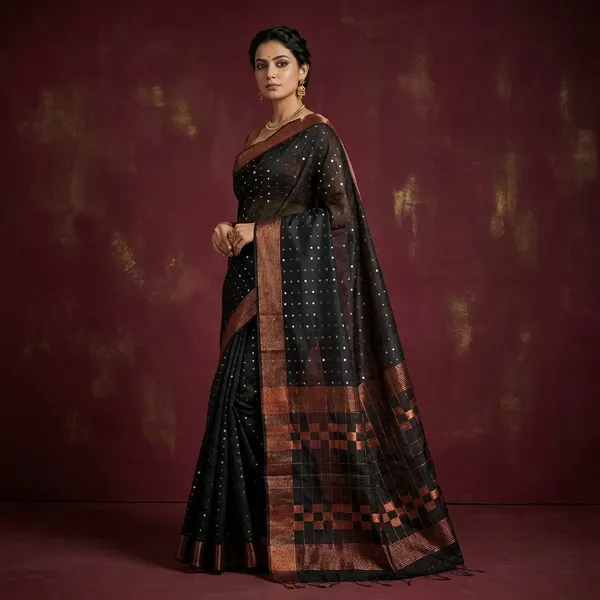 Designer_Sitara_Work_Skirt_Border_Muslin_Silk_Saree_In_Black_Silver_And_Copper