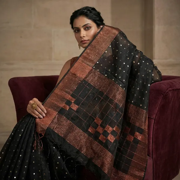 Designer_Sitara_Work_Skirt_Border_Muslin_Silk_Saree_In_Black_Silver_And_Copper
