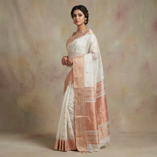 Soft_Muslin_Silk_Banarasi_Saree_In_Off_White_And_Golden
