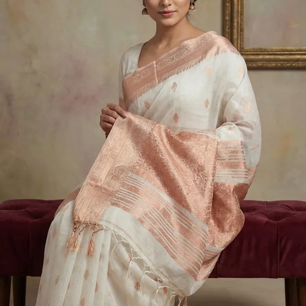 Soft_Muslin_Silk_Banarasi_Saree_In_Off_White_And_Golden