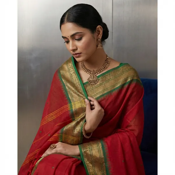 Jacket_Nakshi_Border_Work_Cotton_Gadwal_Saree_In_Red_And_Dark_Green