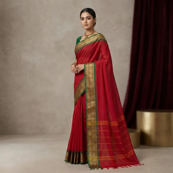 Jacket_Nakshi_Border_Work_Cotton_Gadwal_Saree_In_Red_And_Dark_Green