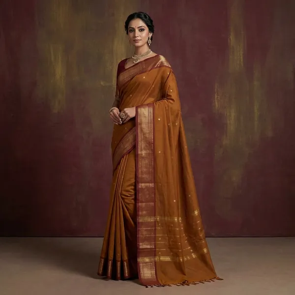 Jacket_Nakshi_Border_Work_Cotton_Gadwal_Saree_In_Hawaiian_Tan_And_Maroon
