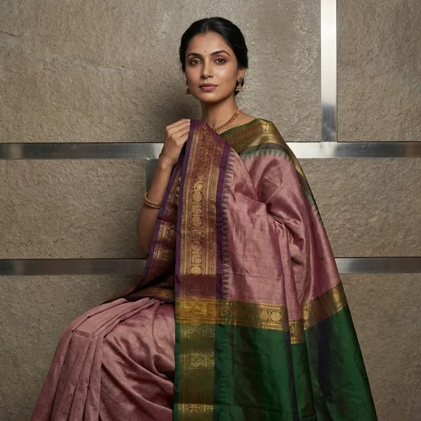 Jacket_Nakshi_Border_Work_Cotton_Gadwal_Saree_In_Pinkish_Brown_Midnight_Purple_And_Lunar_Green