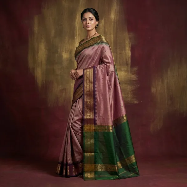 Jacket_Nakshi_Border_Work_Cotton_Gadwal_Saree_In_Pinkish_Brown_Midnight_Purple_And_Lunar_Green