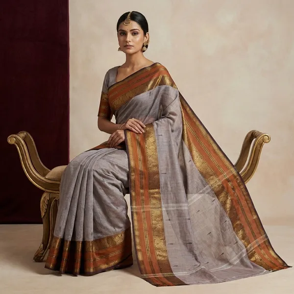 Jacket_Nakshi_Border_Work_Cotton_Gadwal_Saree_In_Regent_Grey_Black_And_Cumin