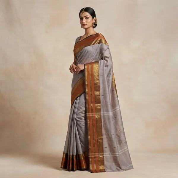 Jacket_Nakshi_Border_Work_Cotton_Gadwal_Saree_In_Regent_Grey_Black_And_Cumin