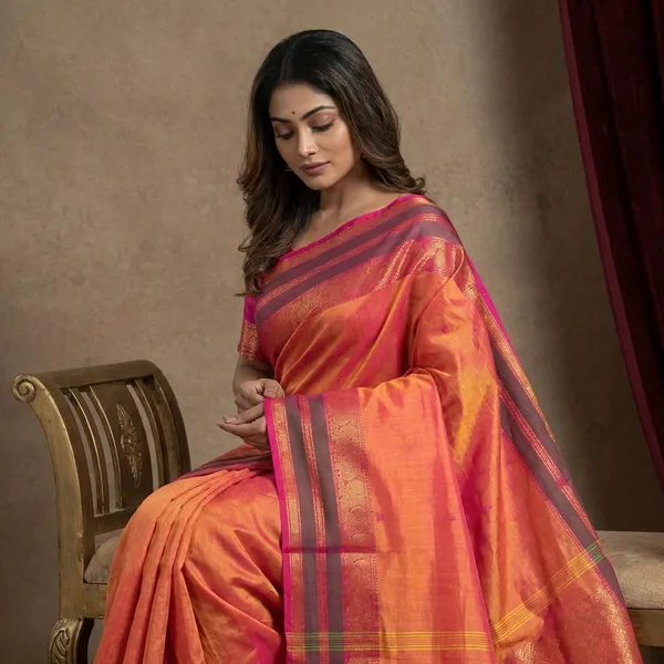 Jacket_Nakshi_Border_Work_Cotton_Gadwal_Saree_In_Persian_Orange_Hot_Pink_And_Green