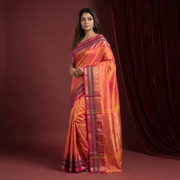Jacket_Nakshi_Border_Work_Cotton_Gadwal_Saree_In_Persian_Orange_Hot_Pink_And_Green