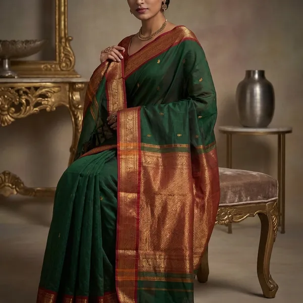 Jacket_Nakshi_Border_Work_Cotton_Gadwal_Saree_In_Dark_Jungle_Green_Burnt_Umber_And_Yellow