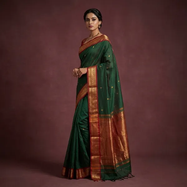 Jacket_Nakshi_Border_Work_Cotton_Gadwal_Saree_In_Dark_Jungle_Green_Burnt_Umber_And_Yellow