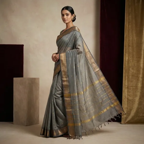 Jacket_Nakshi_Border_Work_Cotton_Gadwal_Saree_In_Storm_Grey_And_Black