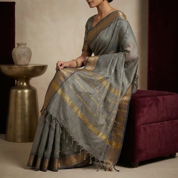 Jacket_Nakshi_Border_Work_Cotton_Gadwal_Saree_In_Storm_Grey_And_Black