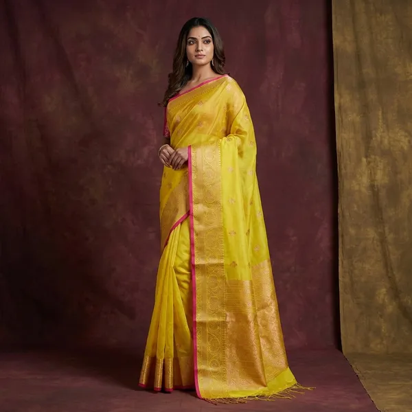 Soft_Muslin_Silk_Banarasi_Saree_In_Yellow_Hot_Pink_And_Antique_Golden_Zari_Work