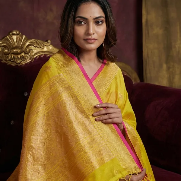 Soft_Muslin_Silk_Banarasi_Saree_In_Yellow_Hot_Pink_And_Antique_Golden_Zari_Work