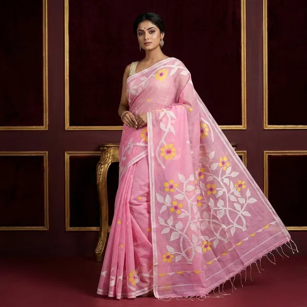 Hand_Woven_Muslin_Silk_Jamdani_Saree_In_Pink_Pearl_Off_White_Yellow_And_Hot_Pink