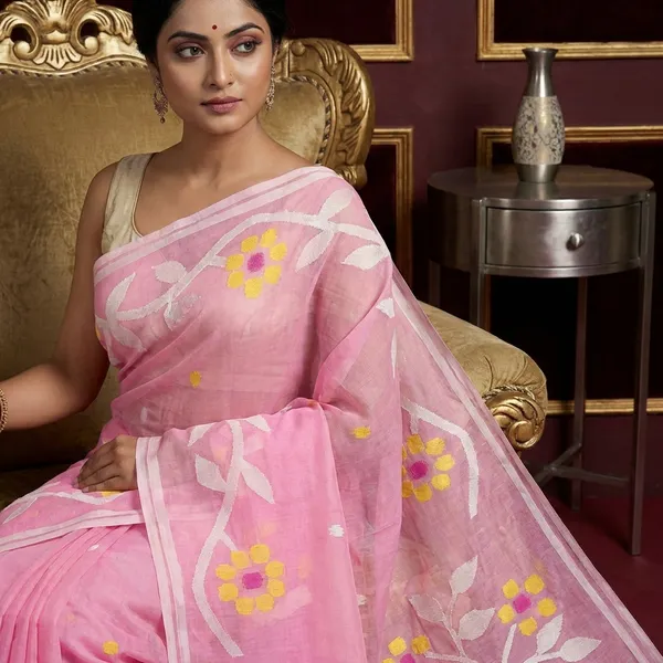 Hand_Woven_Muslin_Silk_Jamdani_Saree_In_Pink_Pearl_Off_White_Yellow_And_Hot_Pink
