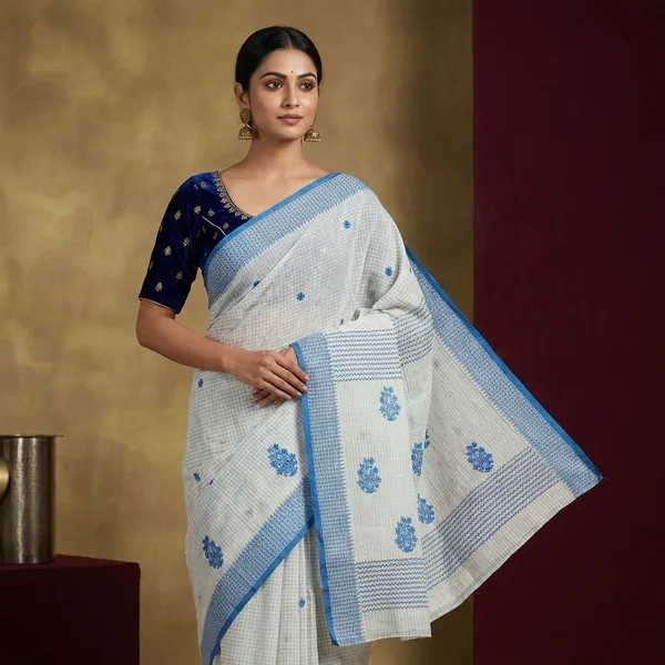 Medium_Size_Thread_Nakshi_Border_Premium_Quality_Bengal_Handloom_Self_Micro_Check_Cotton_Saree_In_Off_White_And_Denim_Blue