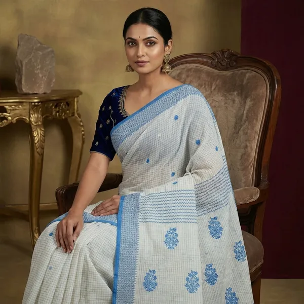 Medium_Size_Thread_Nakshi_Border_Premium_Quality_Bengal_Handloom_Self_Micro_Check_Cotton_Saree_In_Off_White_And_Denim_Blue