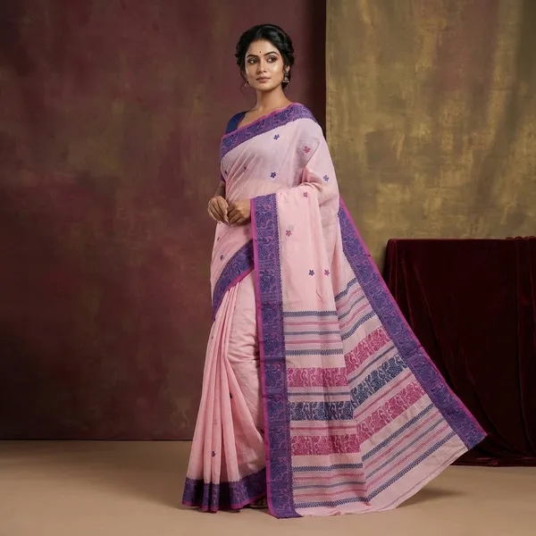 Bengal_Handloom_Cotton_Baluchari_Saree_In_Cavern_Pink_Royal_Blue_And_Warm_Purple