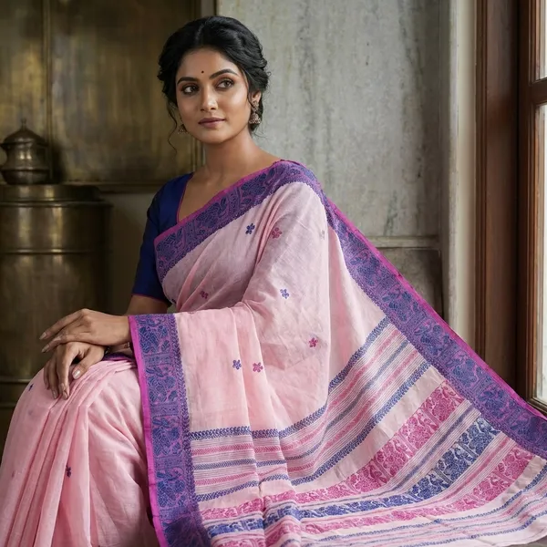 Bengal_Handloom_Cotton_Baluchari_Saree_In_Cavern_Pink_Royal_Blue_And_Warm_Purple