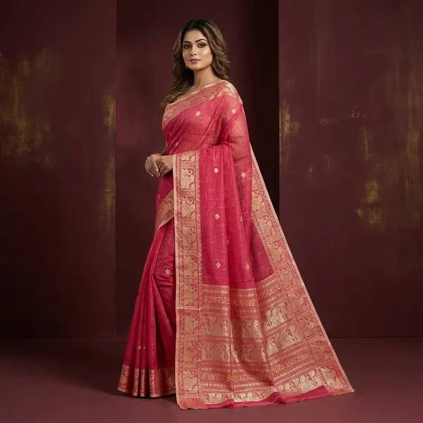 Bengal_Handloom_Cotton_Baluchari_Saree_In_Red_Fuel_Yellow_And_Beige
