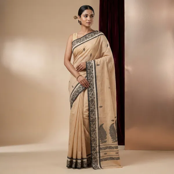 Bengal_Handloom_Cotton_Bomkai_Leaf_And_Floral_Nakshi_Work_Saree_In_Warm_Beige_Off_White_And_Black