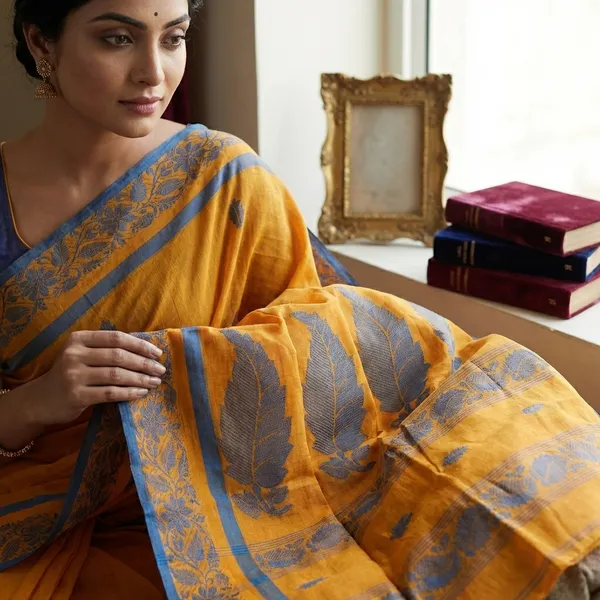 Bengal_Handloom_Cotton_Bomkai_Leaf_And_Floral_Nakshi_Work_Saree_In_Golden_Bell_And_Cerulean_Blue