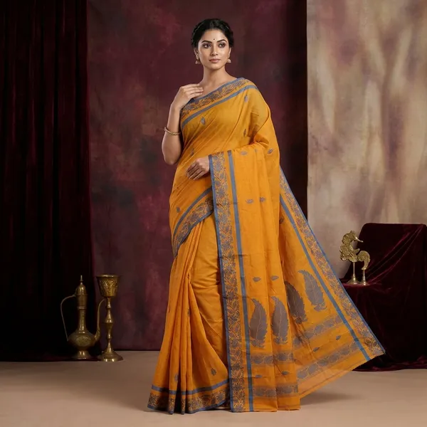 Bengal_Handloom_Cotton_Bomkai_Leaf_And_Floral_Nakshi_Work_Saree_In_Golden_Bell_And_Cerulean_Blue