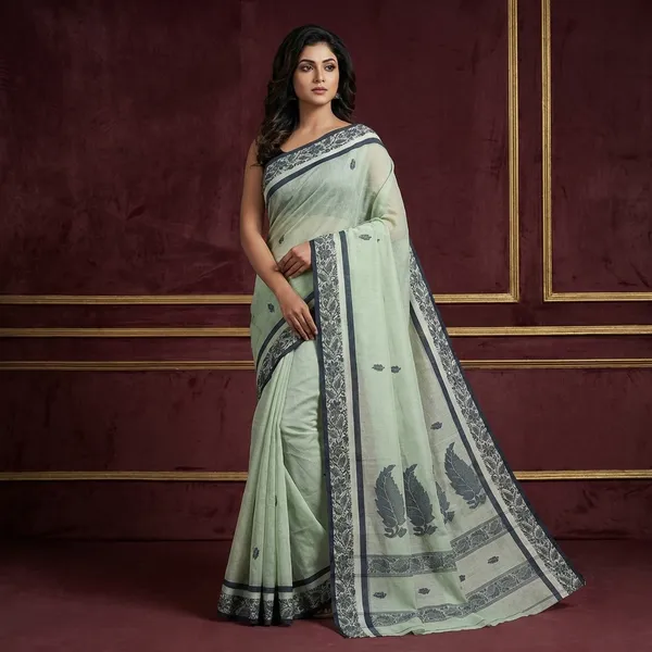 Bengal_Handloom_Cotton_Bomkai_Leaf_And_Floral_Nakshi_Work_Saree_In_Sea_Mist_Off_White_And_Black