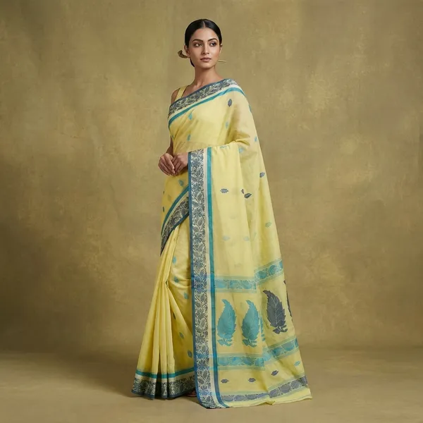 Bengal_Handloom_Cotton_Bomkai_Leaf_And_Floral_Nakshi_Work_Saree_In_Pastel_Yellow_Denim_Blue_And_Turquoise