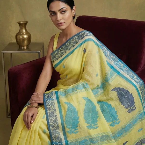 Bengal_Handloom_Cotton_Bomkai_Leaf_And_Floral_Nakshi_Work_Saree_In_Pastel_Yellow_Denim_Blue_And_Turquoise