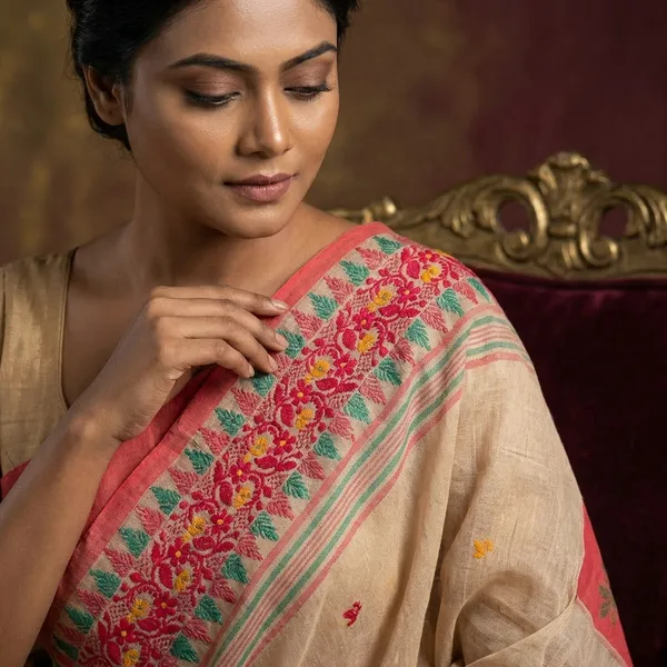 Woven_Jamdani_Nakshi_Work_Border_Premium_Quality_Bengal_Handloom_Cotton_Saree_In_Foggy_Grey_Red_And_Multicolor